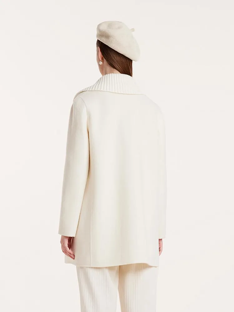 White Mid-Length Double-Faced Wool Coat With Detachable Collar