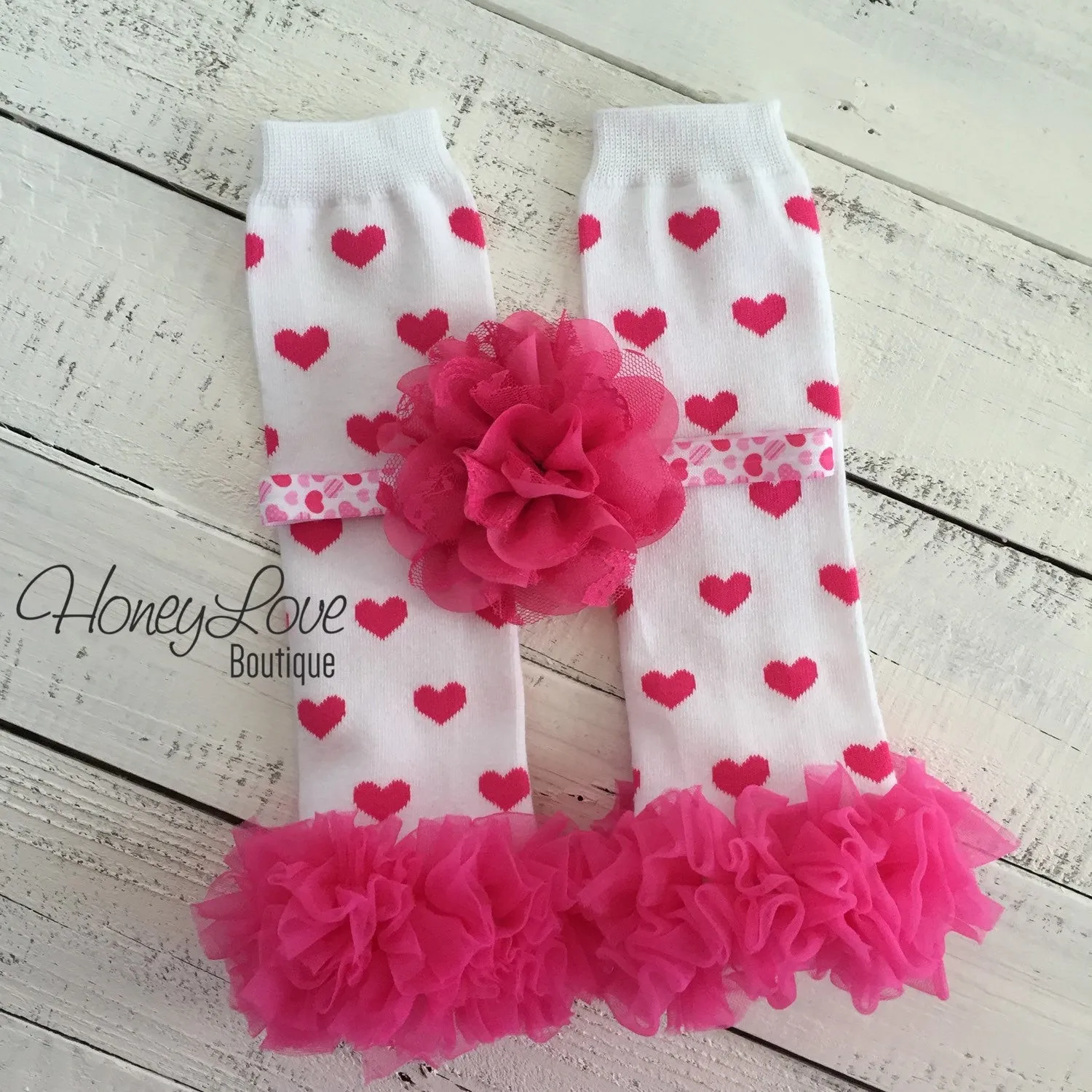 White/Hot Pink Hearts ruffle bottom leg warmers and matching headband