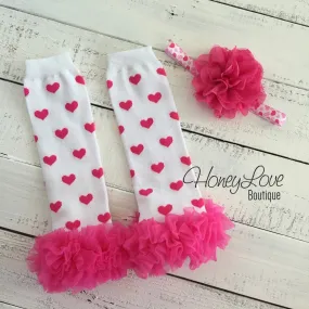 White/Hot Pink Hearts ruffle bottom leg warmers and matching headband