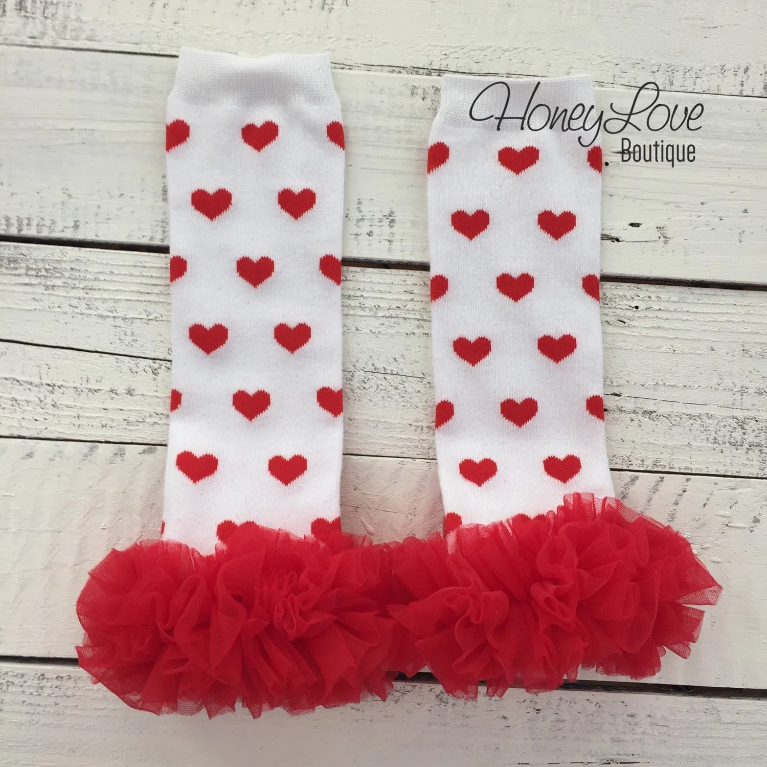 White/Red Heart leg warmers, red flower headband, and ruffle bottom bloomers