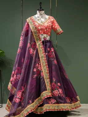 Wine Color Floral Printed Organza Lehenga Choli