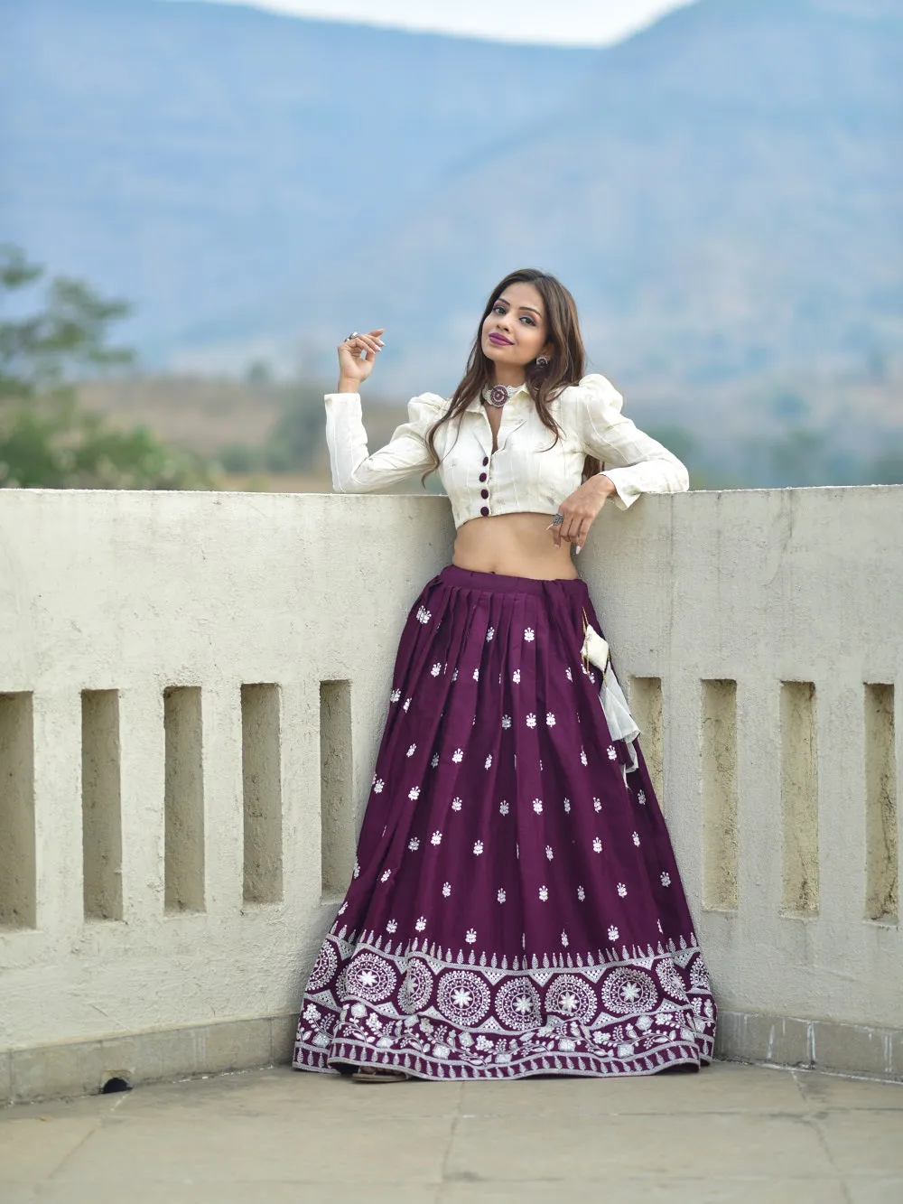 Wine Color Lucknowi Work Pure Cotton Two Piece Lehenga Choli Set