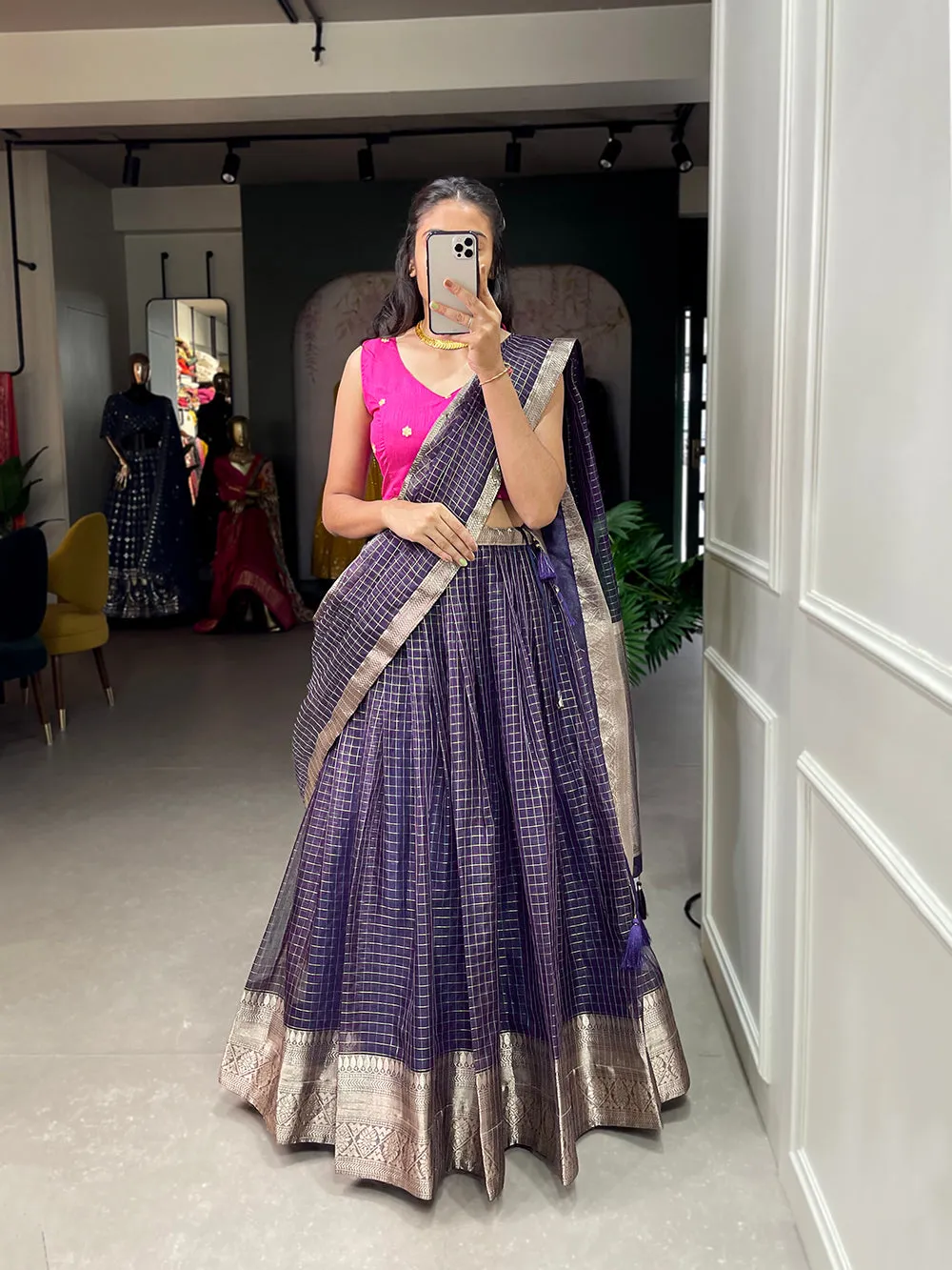 Wine Color Zari Weaving Work Organza Lehenga Choli