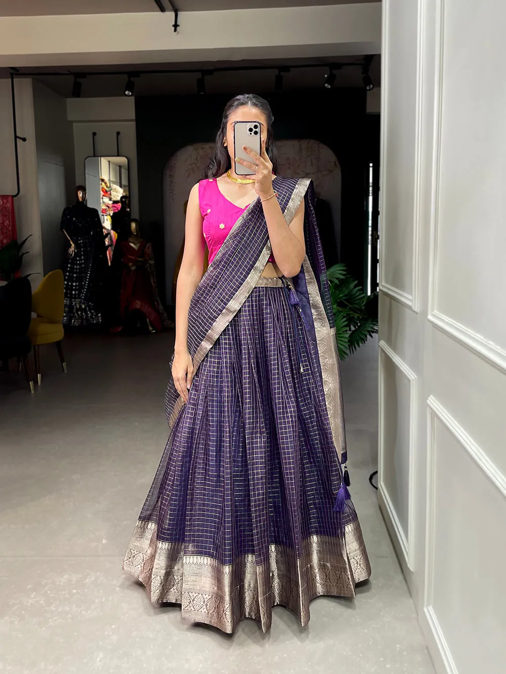 Wine Color Zari Weaving Work Organza Lehenga Choli