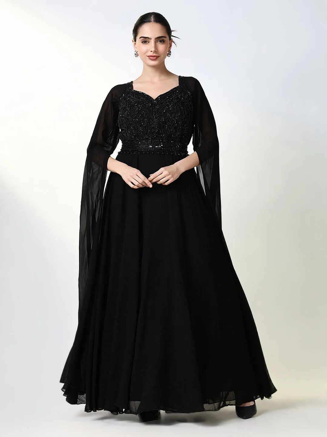 Women Black Solid Ethnic Gown Dress with Belt