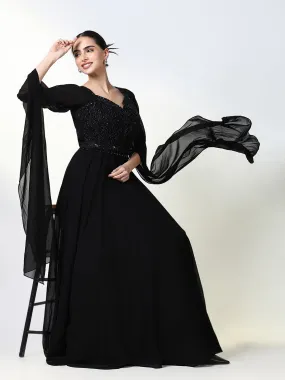 Women Black Solid Ethnic Gown Dress with Belt