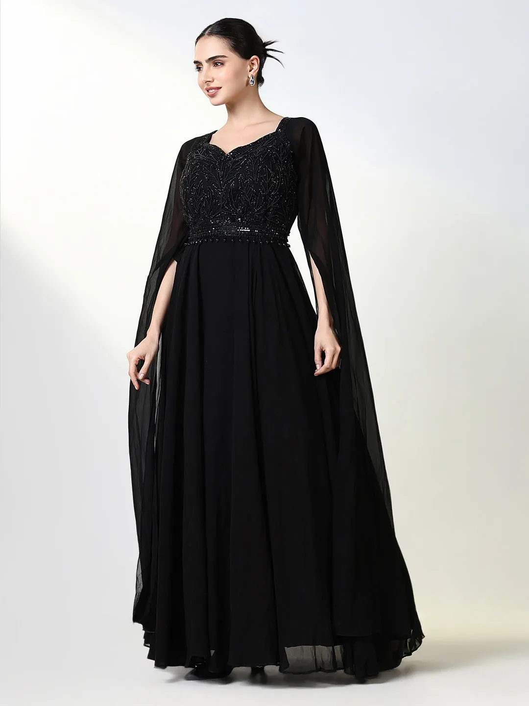 Women Black Solid Ethnic Gown Dress with Belt