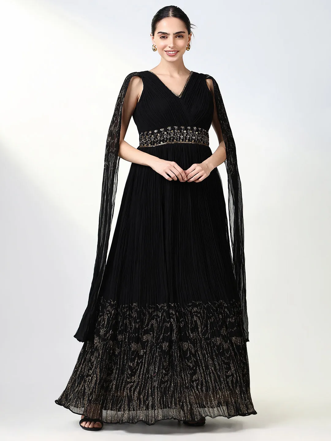 Women Black Solid Ethnic Gown Dress