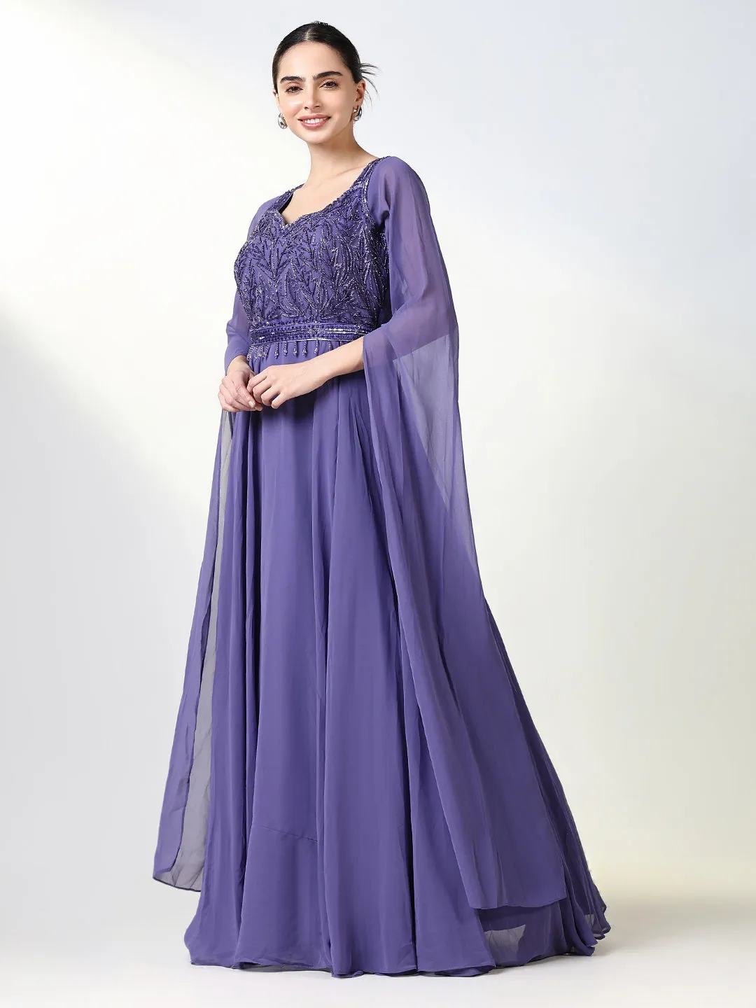 Women Purple Solid Ethnic Gown Dress with Belt