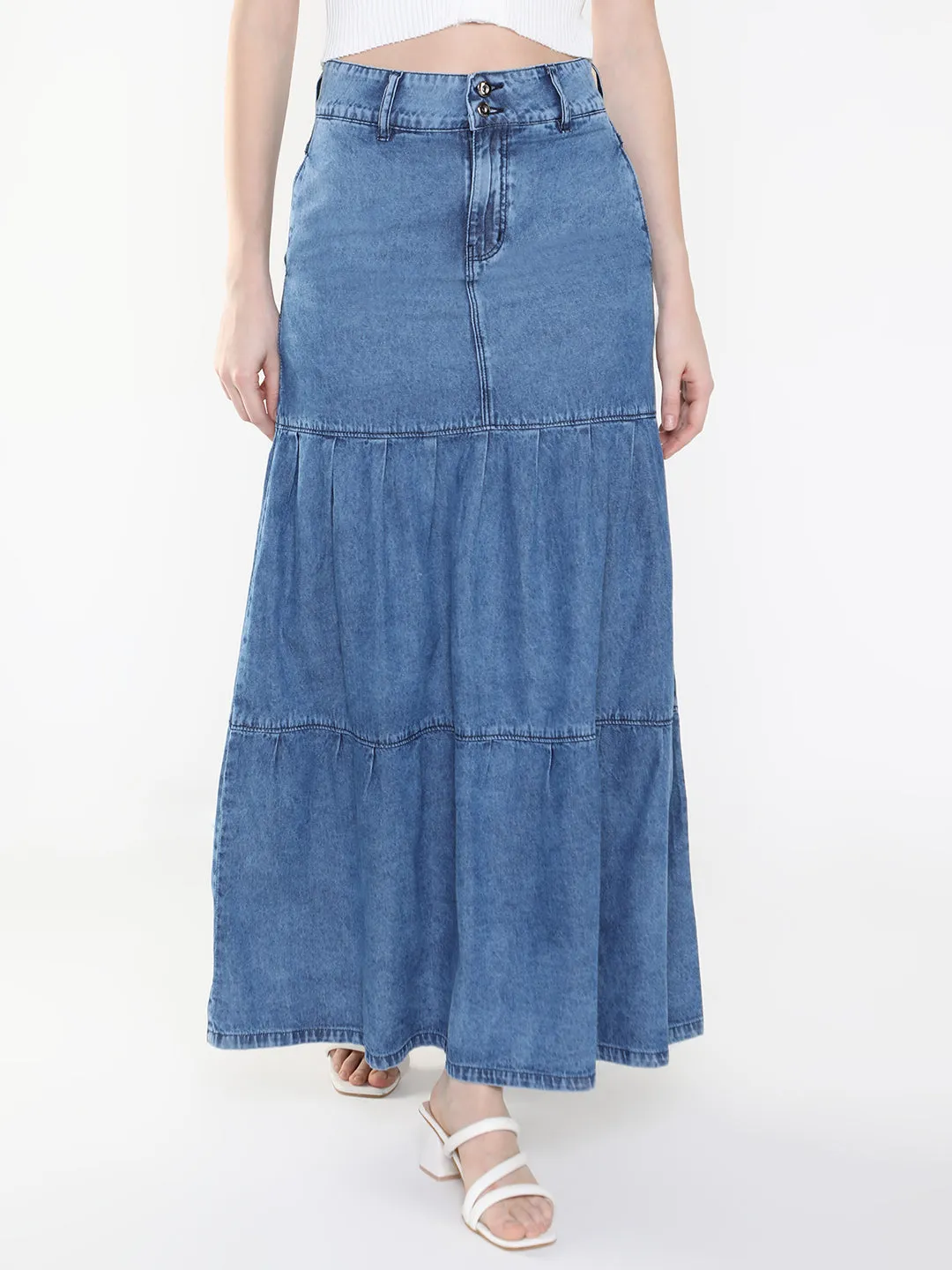 Women Solid Navy Blue Tiered Denim Skirt