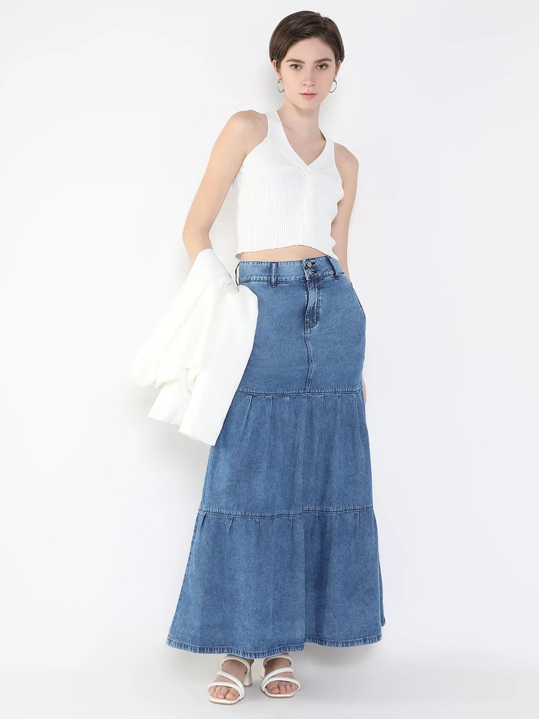 Women Solid Navy Blue Tiered Denim Skirt