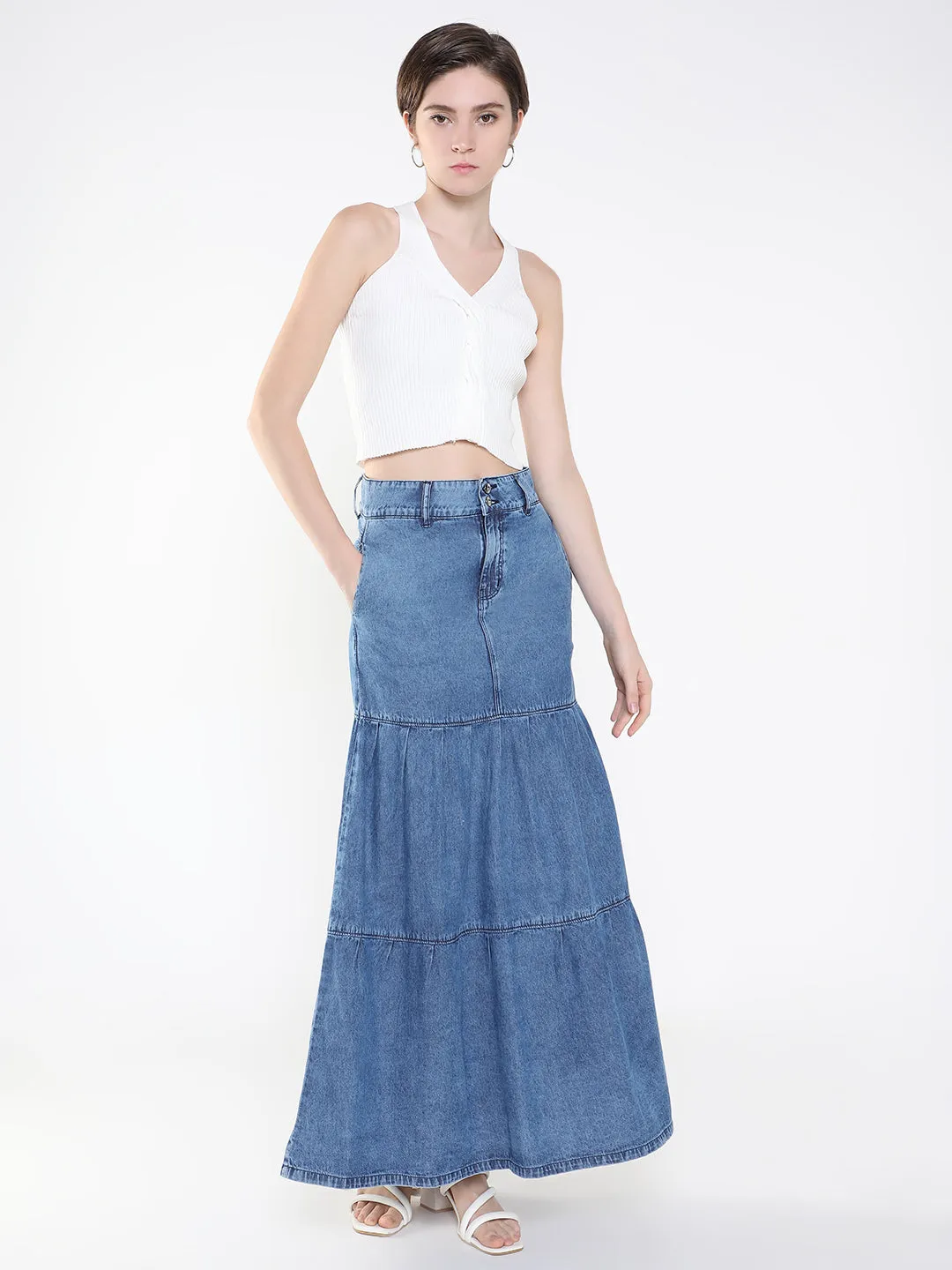 Women Solid Navy Blue Tiered Denim Skirt