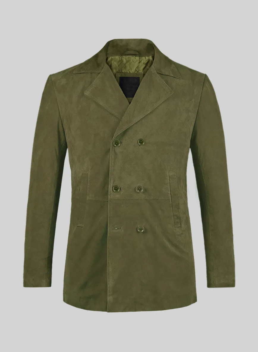 Woodland Green Suede Leather Pea Coat