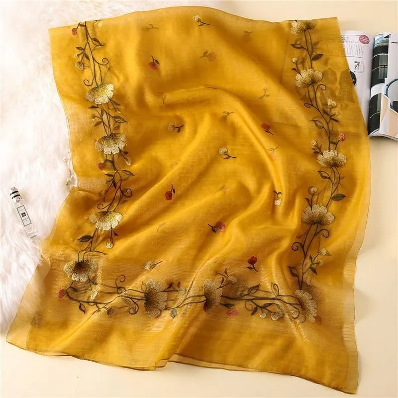 Wool Silk Floral Embroidery Scarf