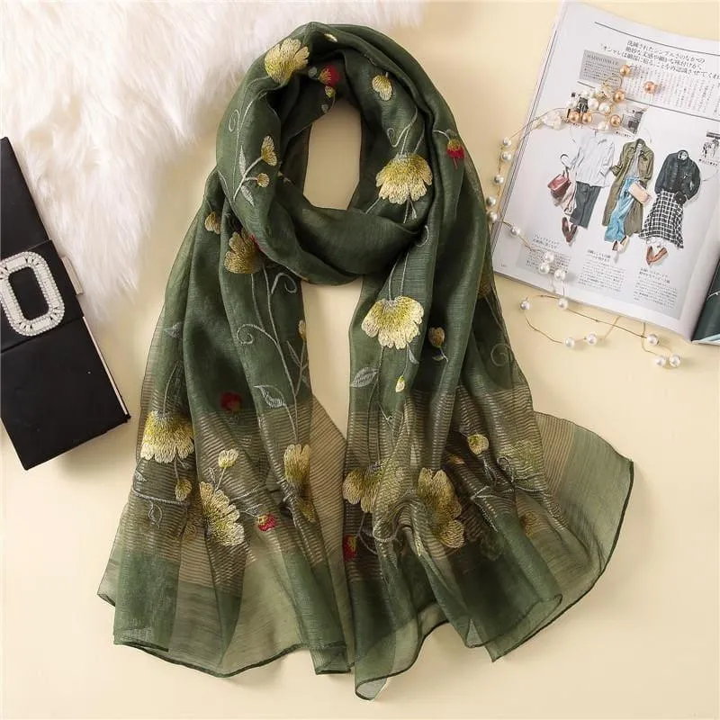 Wool Silk Floral Embroidery Scarf