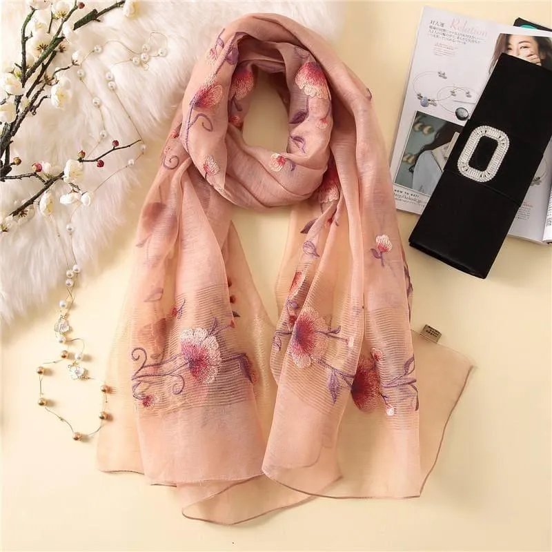 Wool Silk Floral Embroidery Scarf