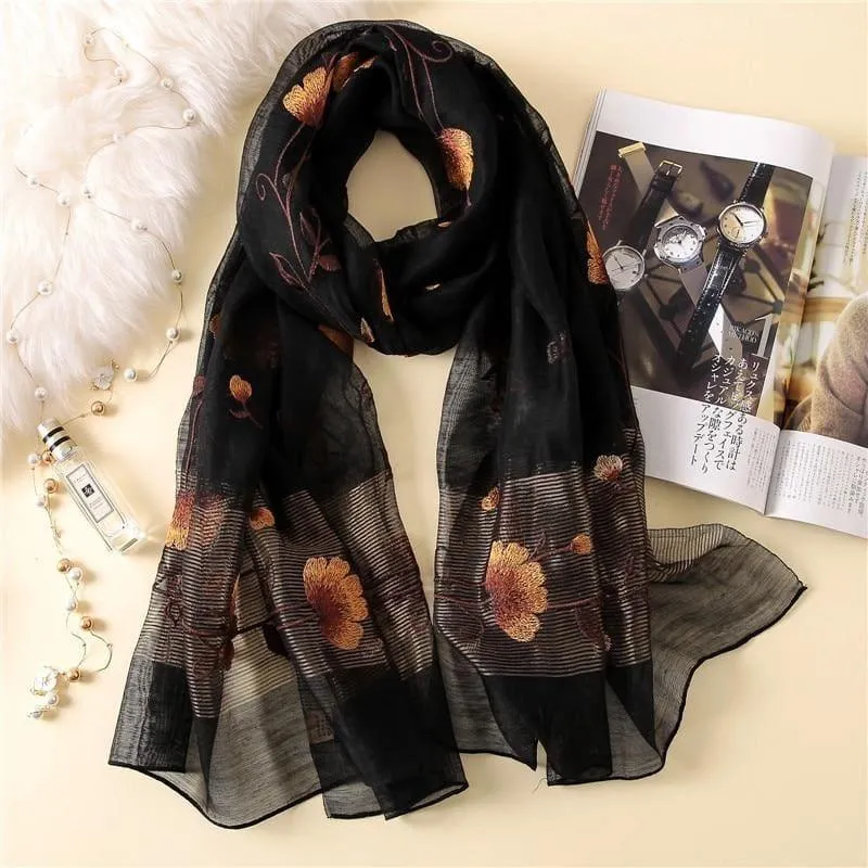 Wool Silk Floral Embroidery Scarf