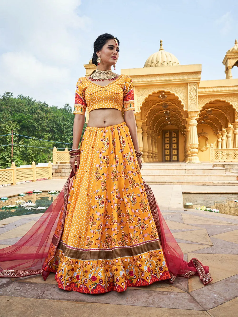 Yellow Color Printed Vaishali Silk Lehenga Choli Set