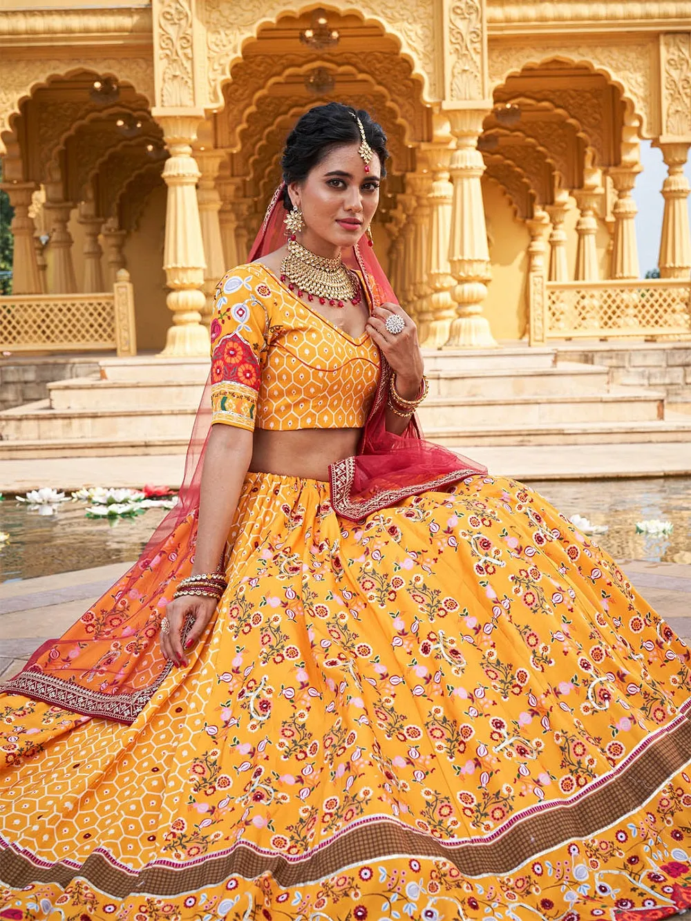 Yellow Color Printed Vaishali Silk Lehenga Choli Set