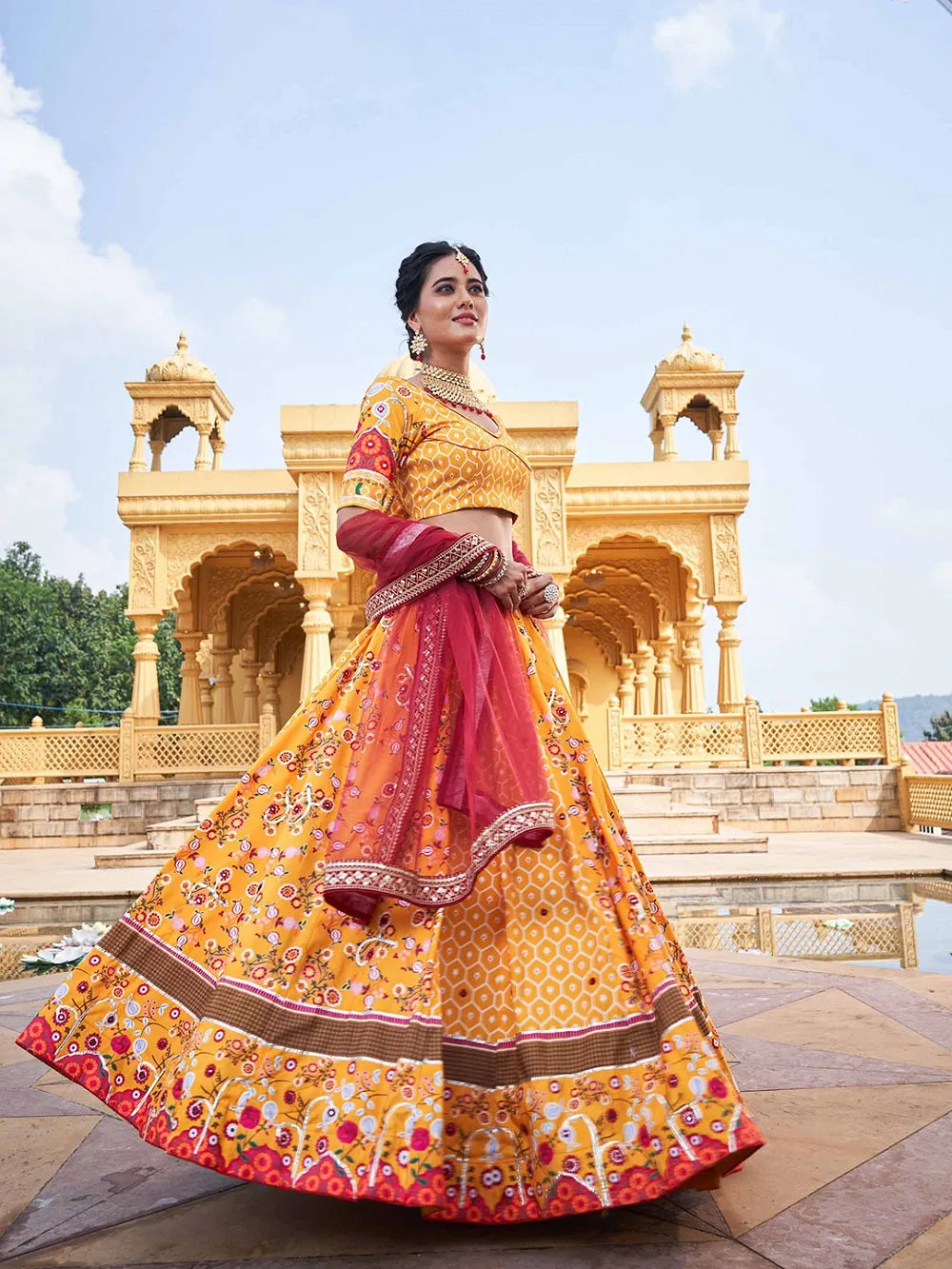 Yellow Color Printed Vaishali Silk Lehenga Choli Set