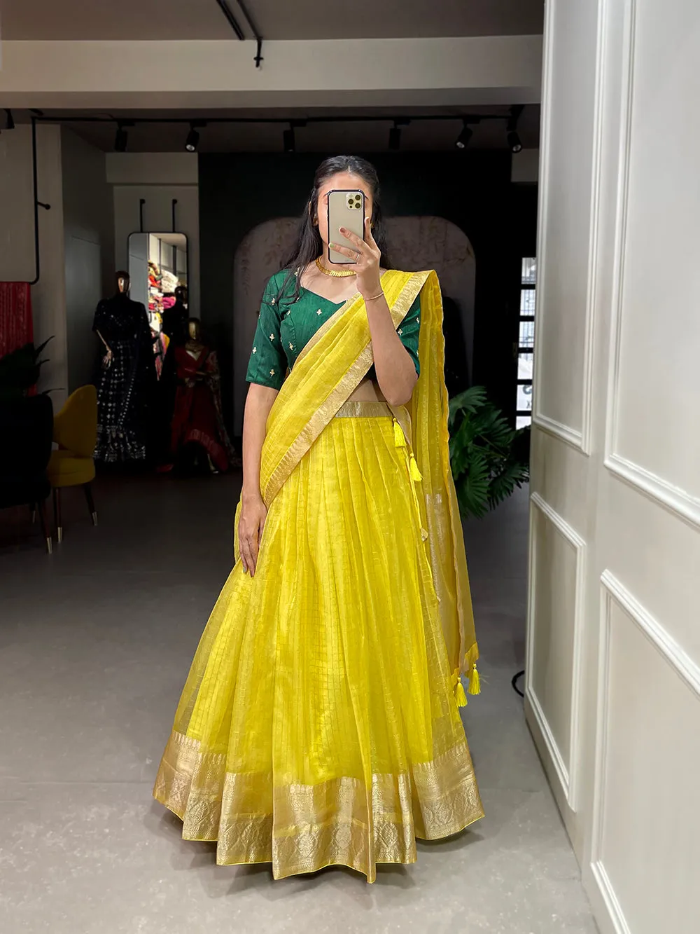 Yellow Color Zari Weaving Work Organza Lehenga Choli