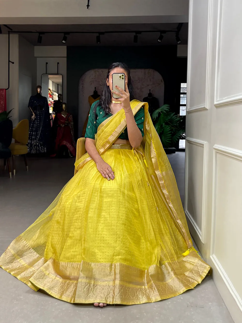 Yellow Color Zari Weaving Work Organza Lehenga Choli