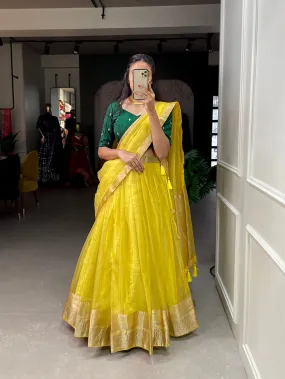 Yellow Color Zari Weaving Work Organza Lehenga Choli