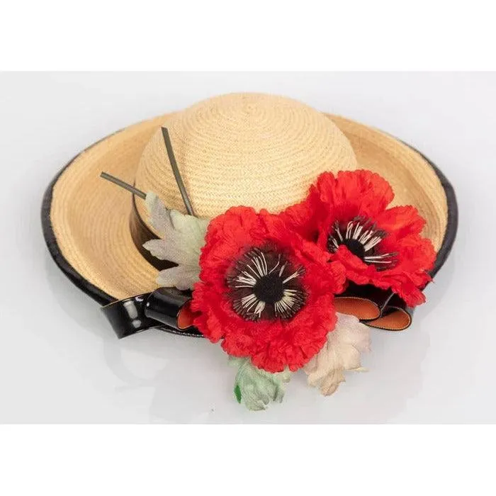 YVES SAINT LAURENT Straw and Black Patent Leather Red Poppy Flower Hat, 1970s