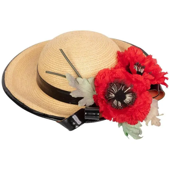 YVES SAINT LAURENT Straw and Black Patent Leather Red Poppy Flower Hat, 1970s