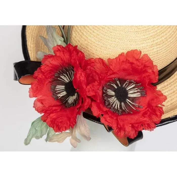 YVES SAINT LAURENT Straw and Black Patent Leather Red Poppy Flower Hat, 1970s