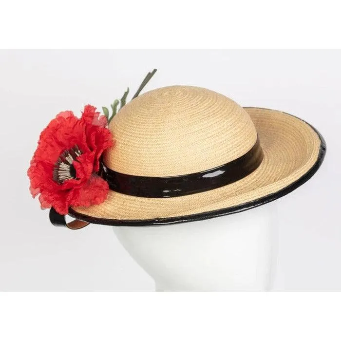 YVES SAINT LAURENT Straw and Black Patent Leather Red Poppy Flower Hat, 1970s