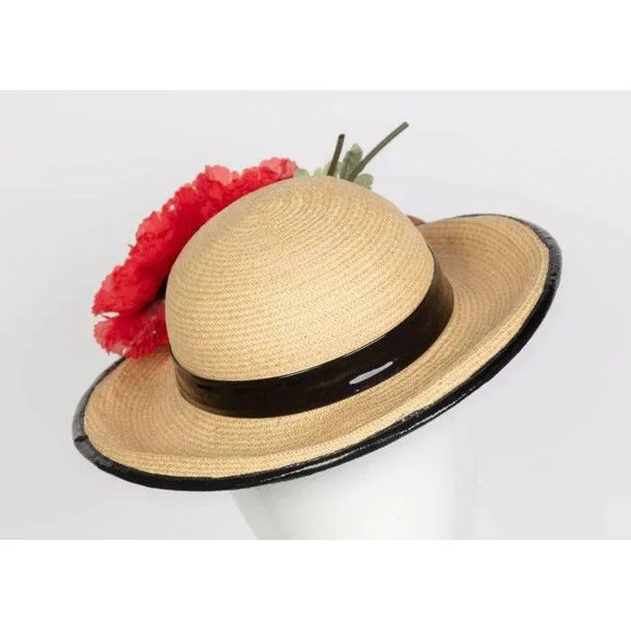 YVES SAINT LAURENT Straw and Black Patent Leather Red Poppy Flower Hat, 1970s