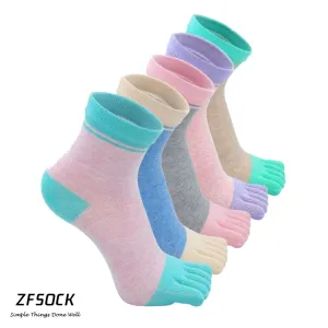 ZFSOCK Cute 5 Finger Colorful Plain Socks for Women, 5 Pairs