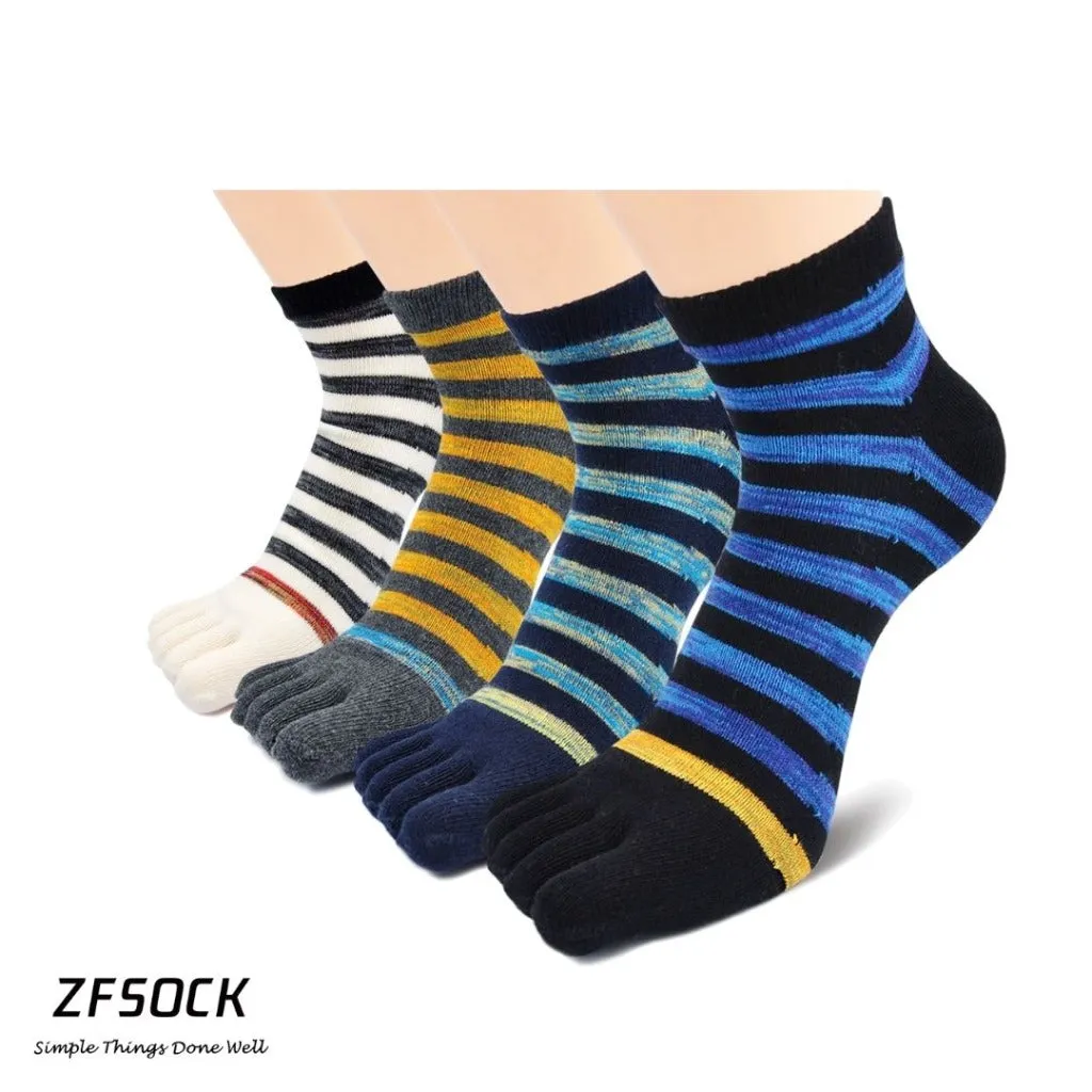 ZFSOCK Mixed Colors Stripes 5 Finger Ankle Socks for Men, 4 Pairs